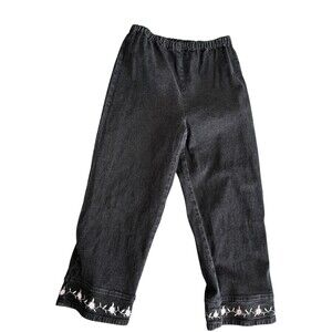 Denim & Co Black Jean Capri Crop Pants Pink Cottagecore Floral Embroidered Hem L